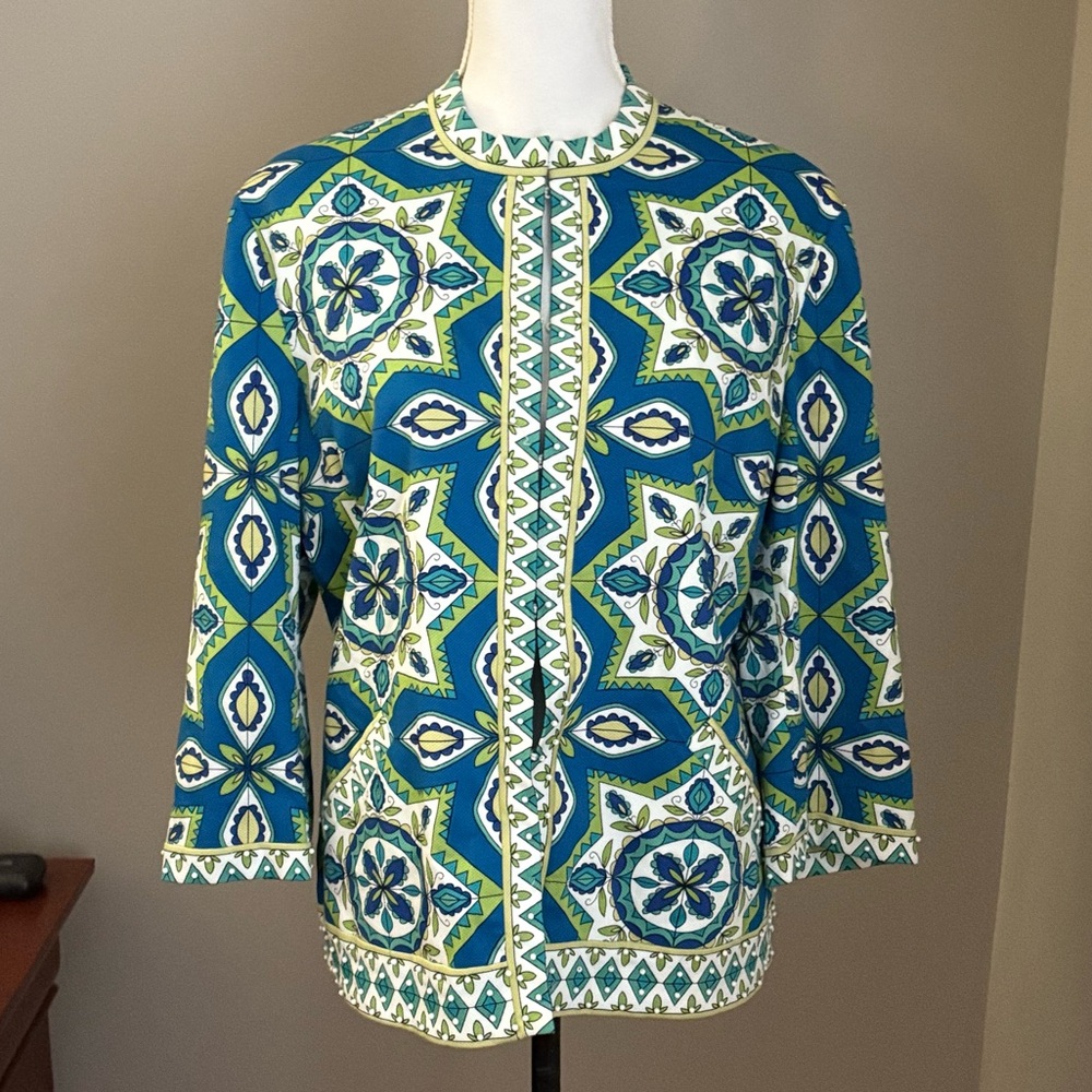 Chico's Size 2 Large Jacket Retro Colorful Beaded Green Blue Art To Wear Artsy